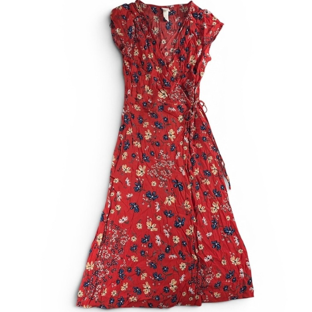 H&M‎ Women 2 Red Floral Wrap Midi Dress Cap Sleeve V-Neck Boho Summer